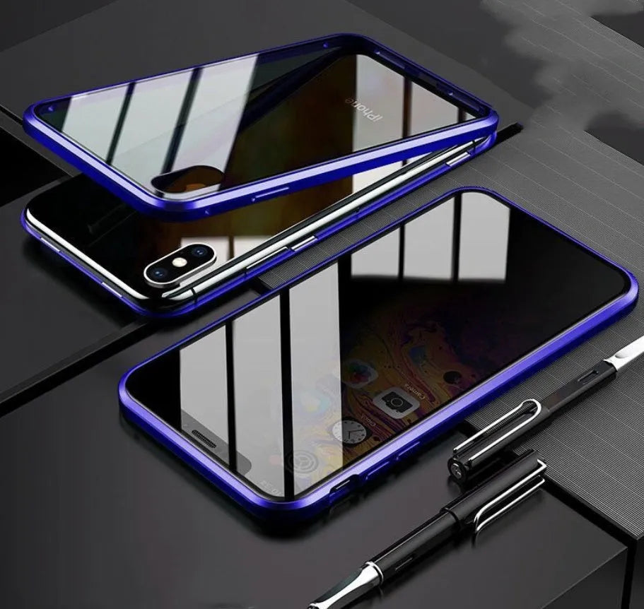 Glass clamshell anti-spy phone case with geometric design in multiple colours for iPhone models.