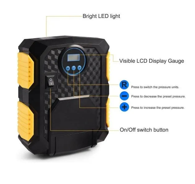 Digital tire inflator DC 12V portable air compressor with LED display, preset controls, three adapters and a three-metre cord