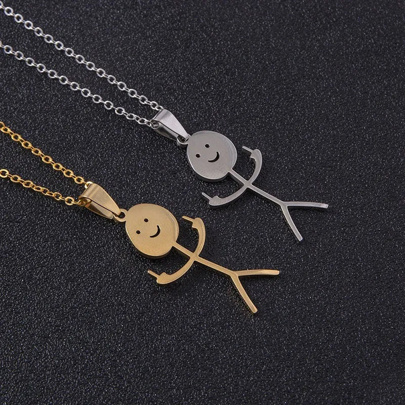 Silver stainless steel stick figure pendant necklace middle finger gesture smiley face on link chain