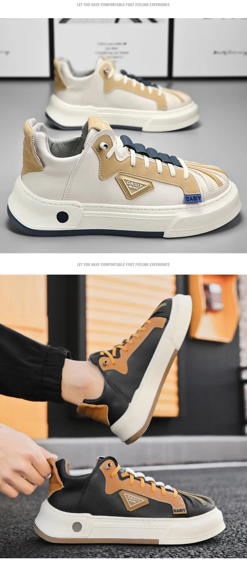Men's beige casual sneakers with elastic band closure and leather stitching detail