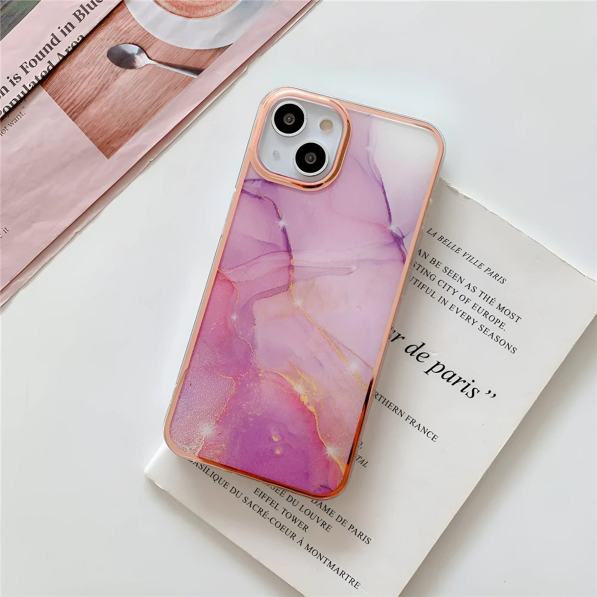 Electroplate marble phone case with mirror finish for iPhone 14 Pro, pink colour
