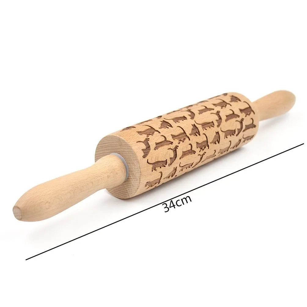 45cm long wooden rolling pin with embossed Christmas patterns like reindeer and snowflakes for baking.
