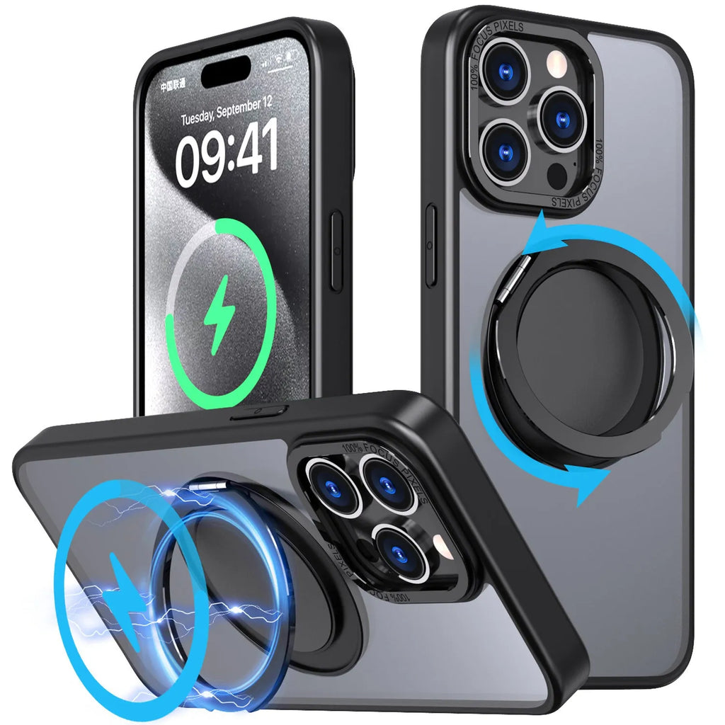 Gear rotating 360 bracket phone case for iPhone 13 in black with frosted back and bracket extended