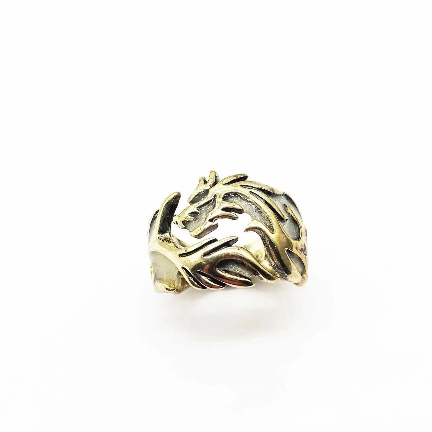 Chinese dragon pattern ring with adjustable opening in antique silver blue and green
