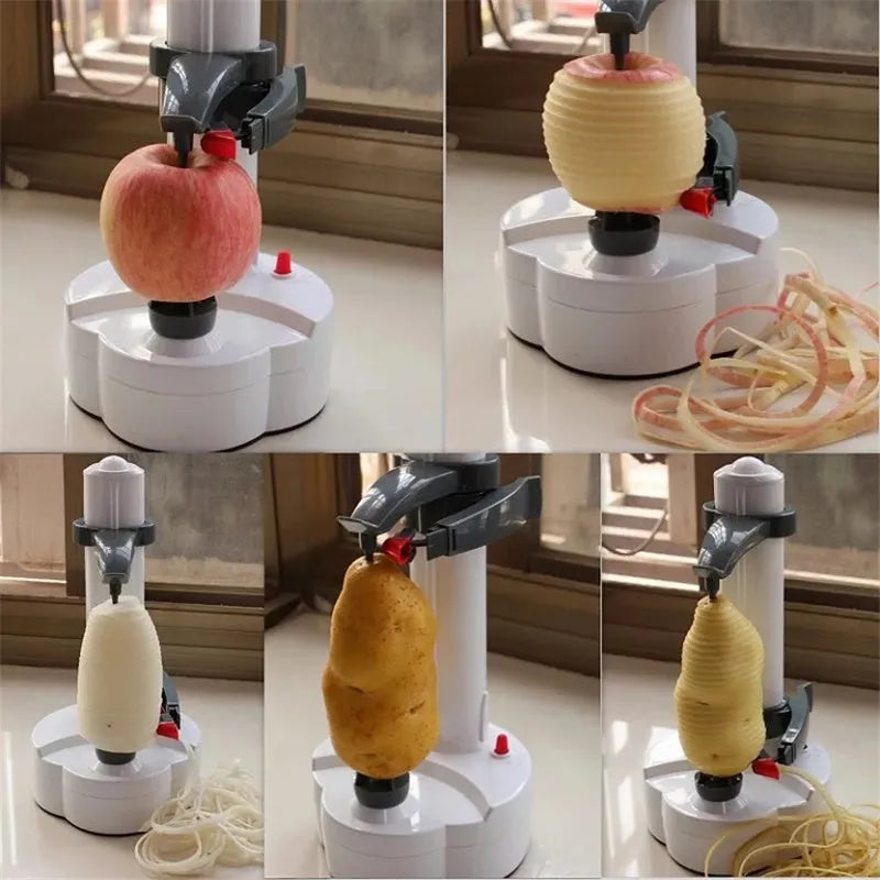 White electric kitchen peeler machine with stainless steel blade on a countertop.