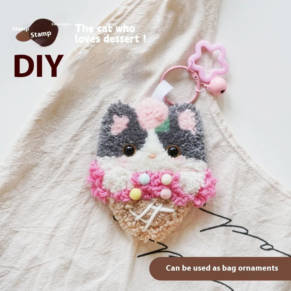 Handmade DIY poke embroidery kit with cute cat wool felt ornament for desk surface panel, cartoon anime style