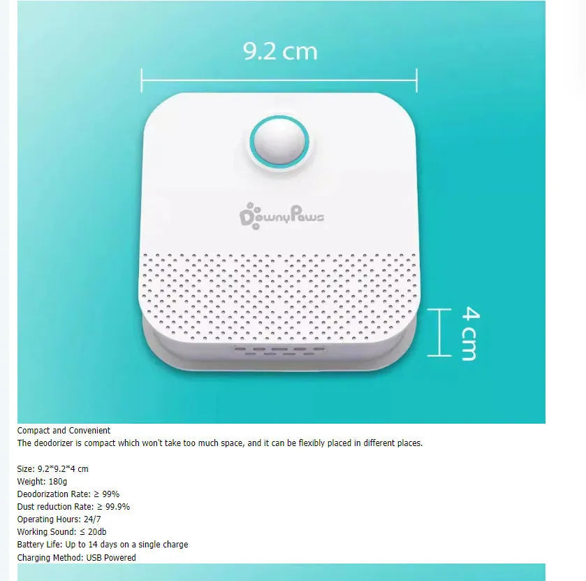 White DownyPaws smart cat odor purifier unit with compact 9.2cm square design for litter box deodorisation.