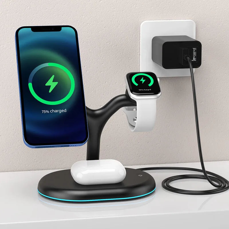 Black magnetic wireless charging stand holding phone upright with included TYPE-C cable