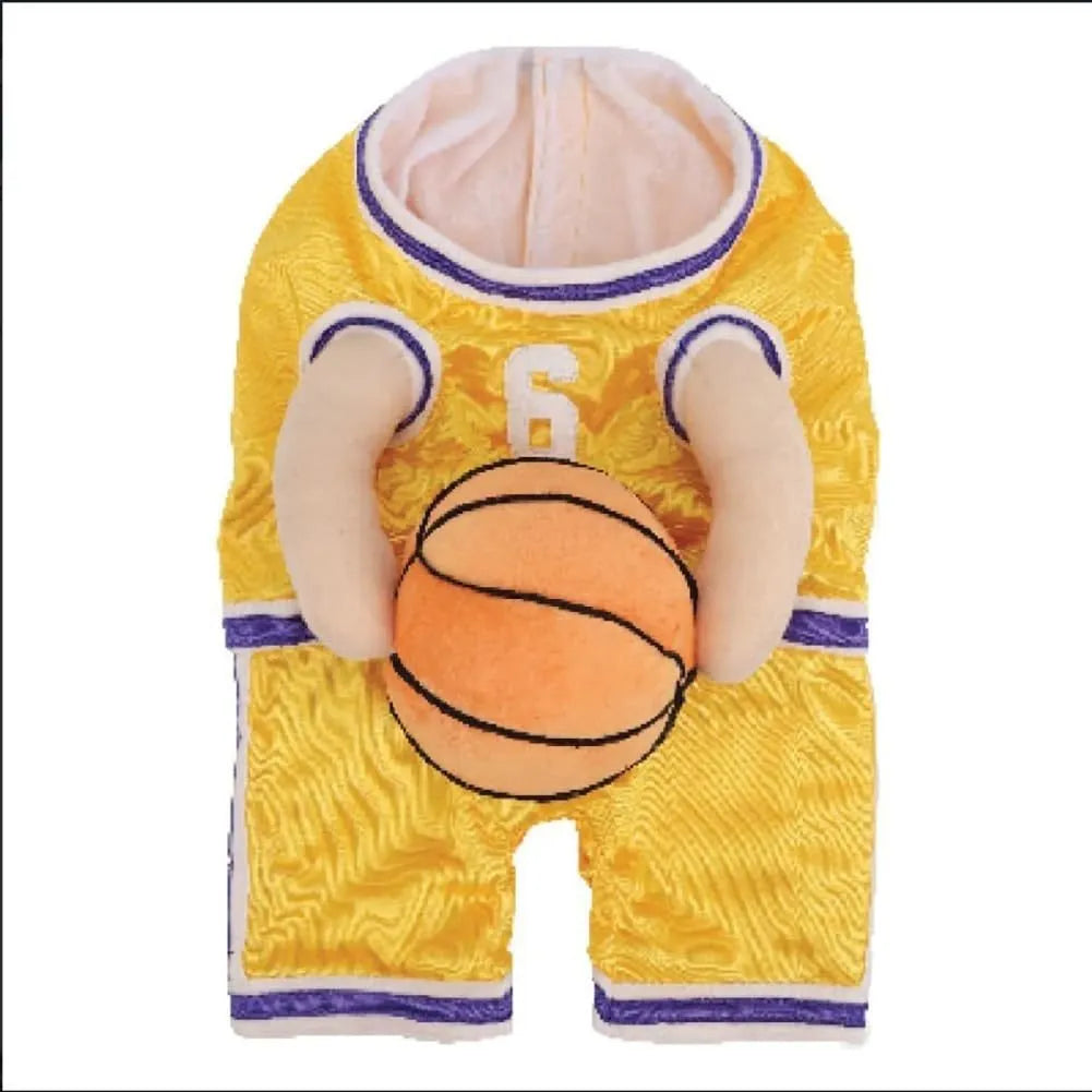 Red dog wearing a basketball costume with a small attached basketball