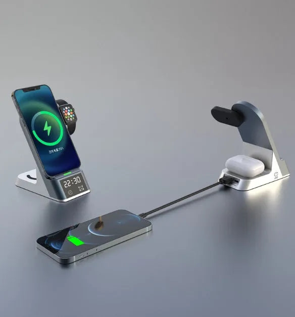 Black multifunctional alarm clock with wireless charging pad, smartwatch dock, and USB port.
