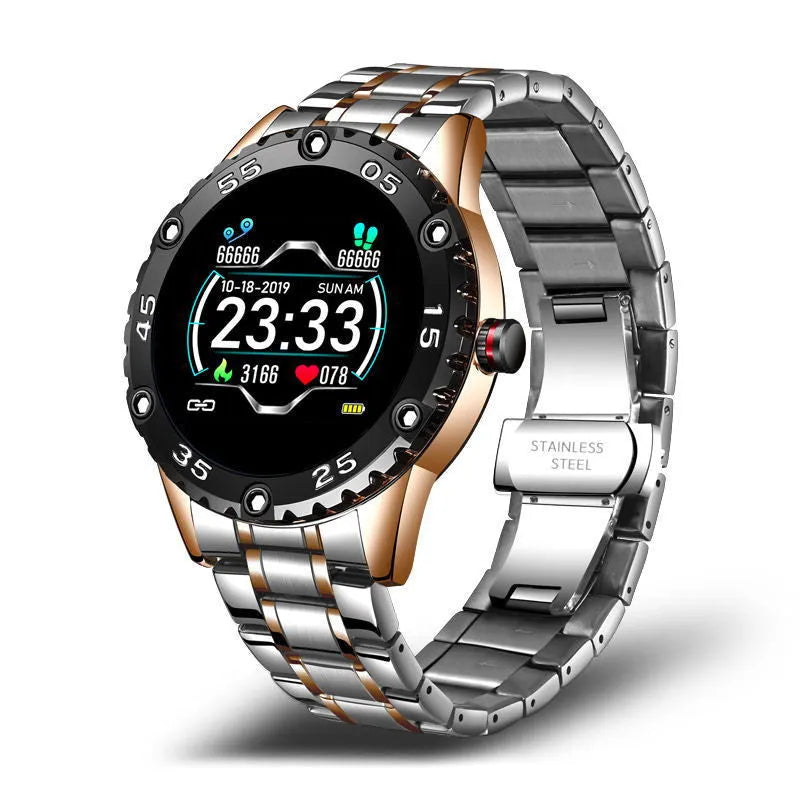 Multifunctional waterproof pedometer watch with stainless steel strap and number display in black