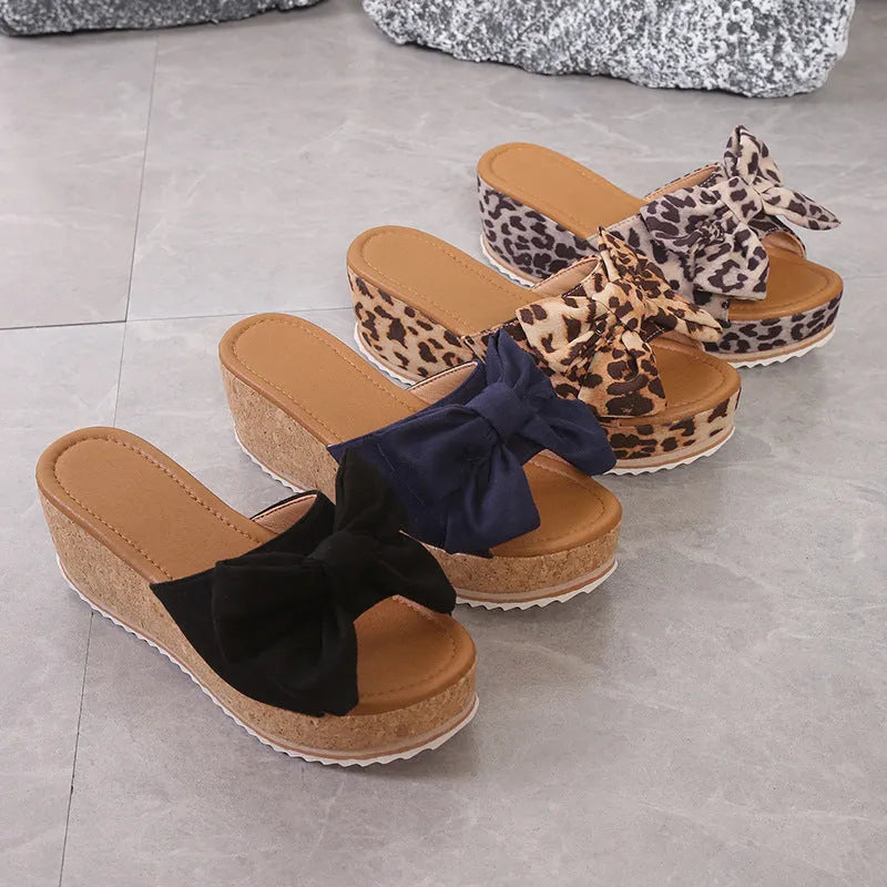 Fashion bow leopard print wedge slippers for women with thick sole and fish mouth toe in black leopard colour