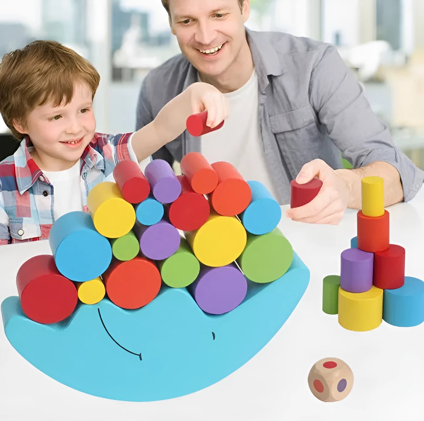 Blue and yellow moon-shaped wooden balance game toy for children aged 2-4 years