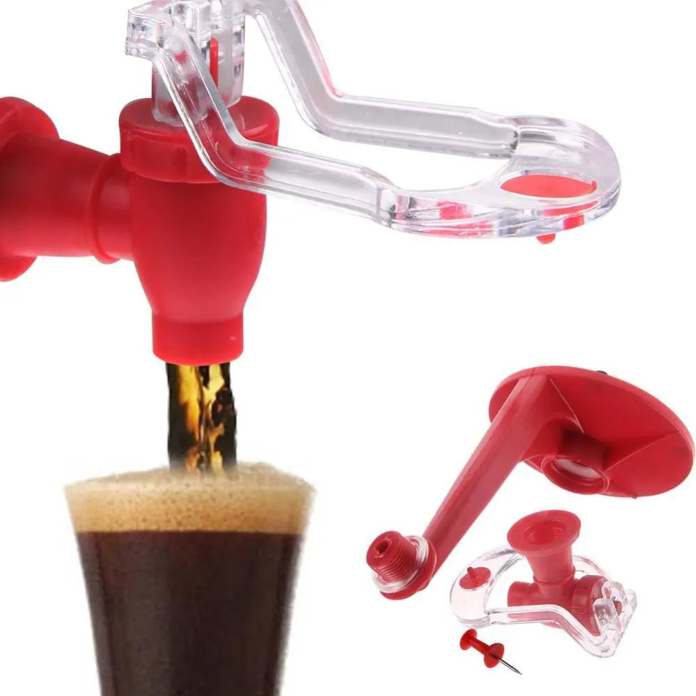 Red plastic Magic Tap soda drink dispenser attached to an inverted 2-litre bottle