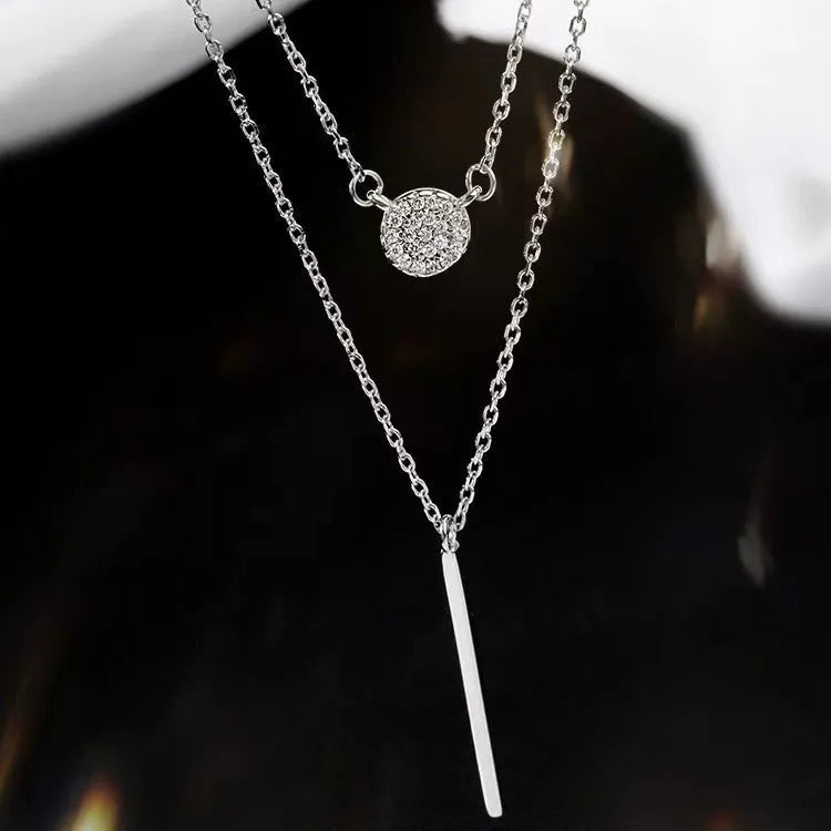 S925 silver double chain long stick pendant necklace with micro pave zircon round stone, white gold colour