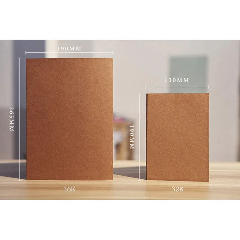 Brown and white kraft paper sketchbooks showing 16K and 32K sizes open to reveal drawing pages