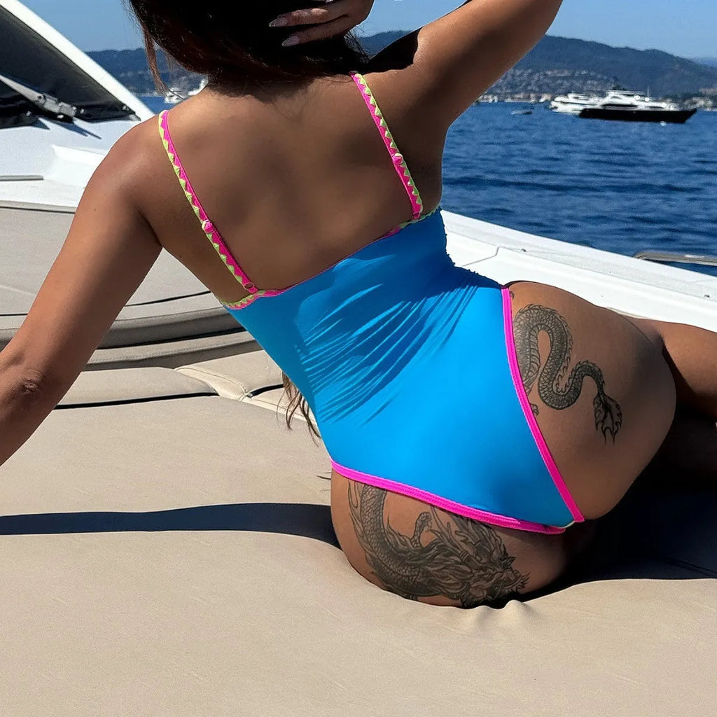 Women's blue contrast colour hollow strap one-piece nylon swimsuit for swimming