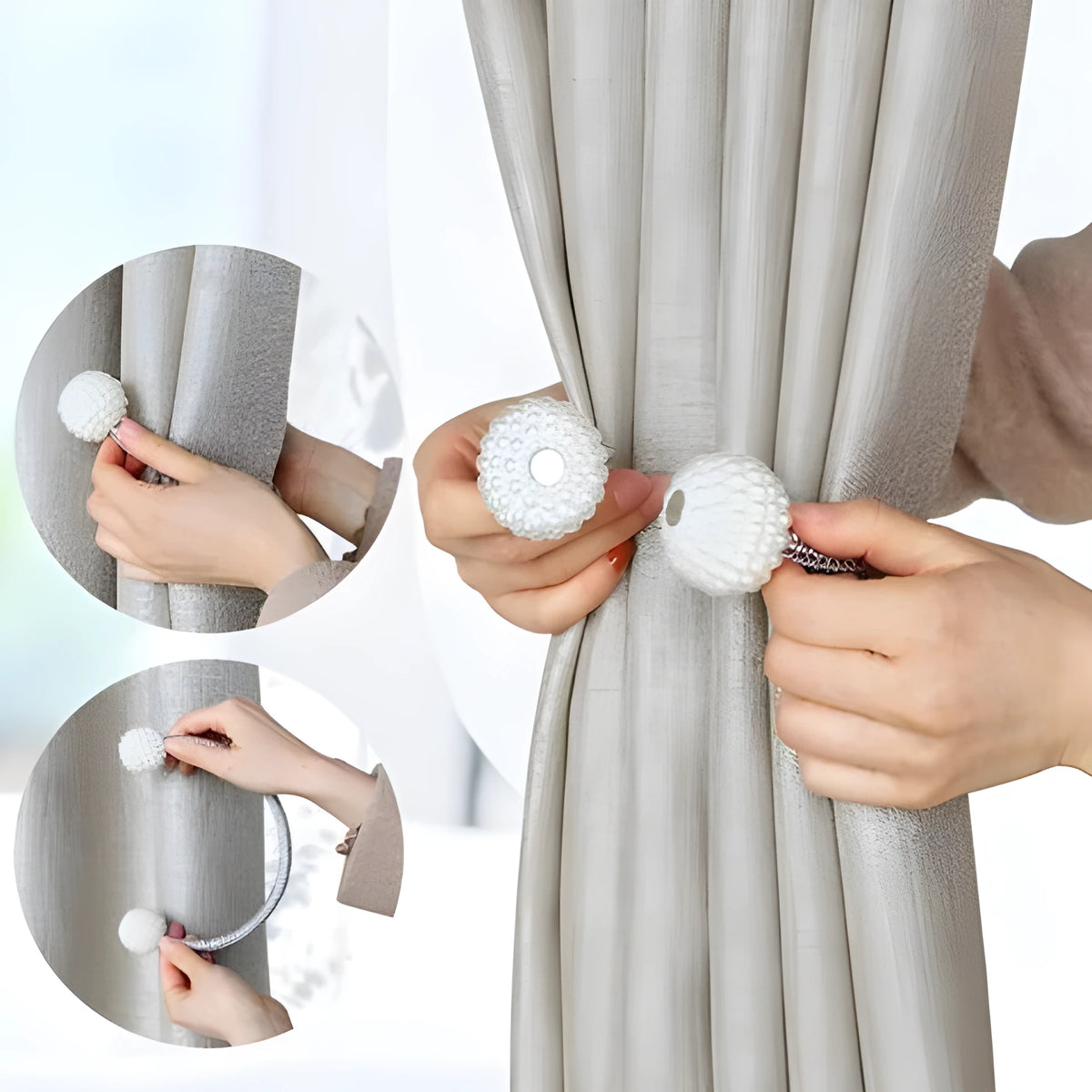 Magnetic curtain tiebacks with pearl beads in multiple colour options on white background