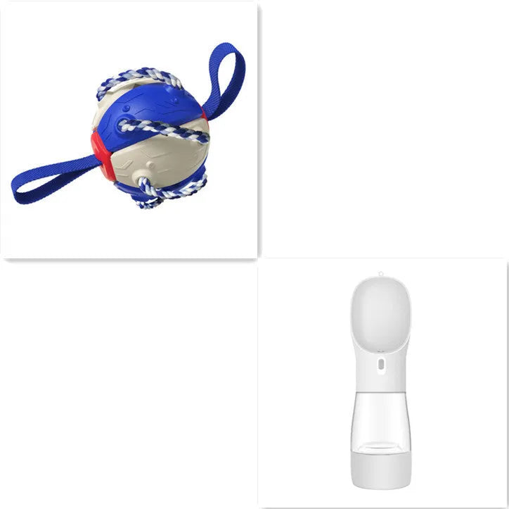 Interactive dog football soccer ball with tabs in blue and yellow, flattened into a frisbee shape with cotton rope around edge