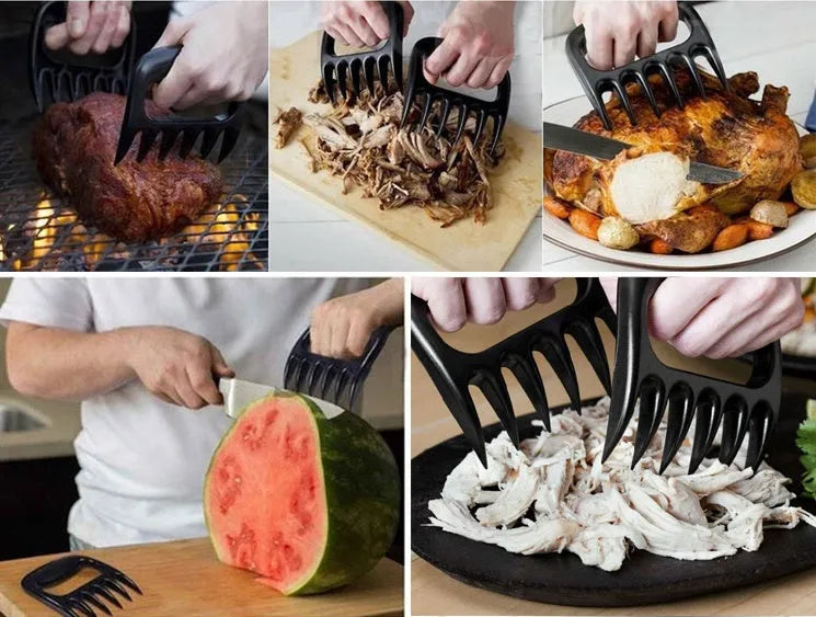 Black barbecue meat claw fork set with decorative patterns for meat shredding and food preparation