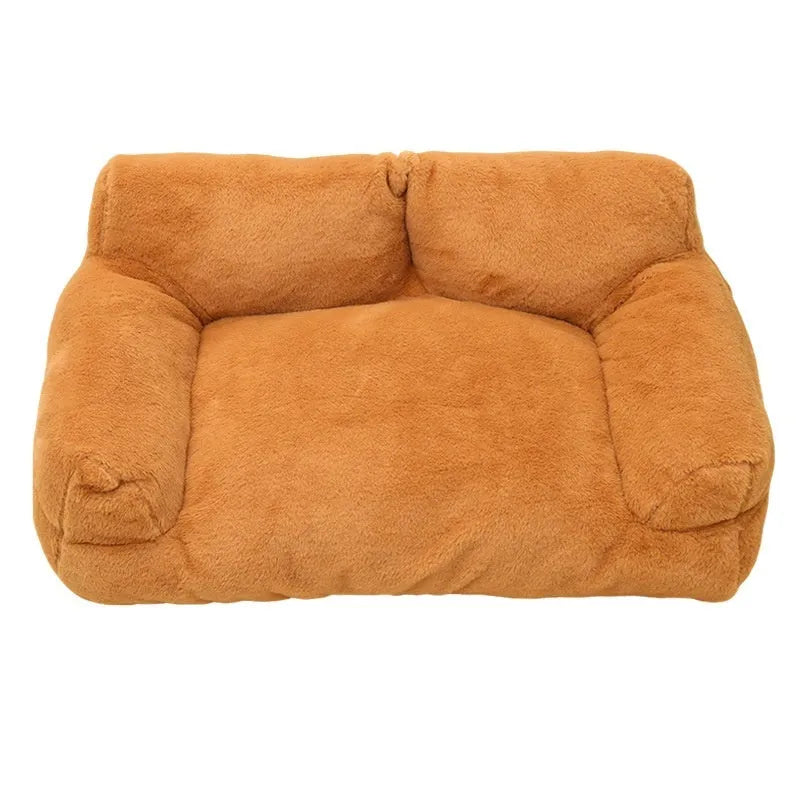 Large pink rabbit fur plush pet sofa bed for dogs with raised edges and anti-slip base