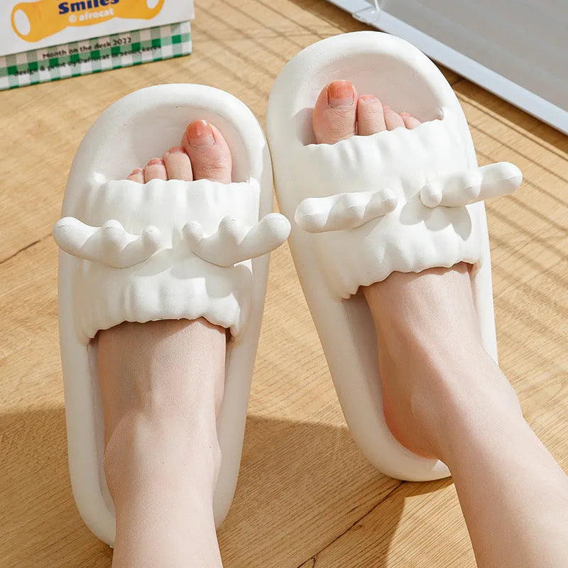 Cute deer horn design flip flop slippers in light yellow with a breathable hollow out EVA upper.