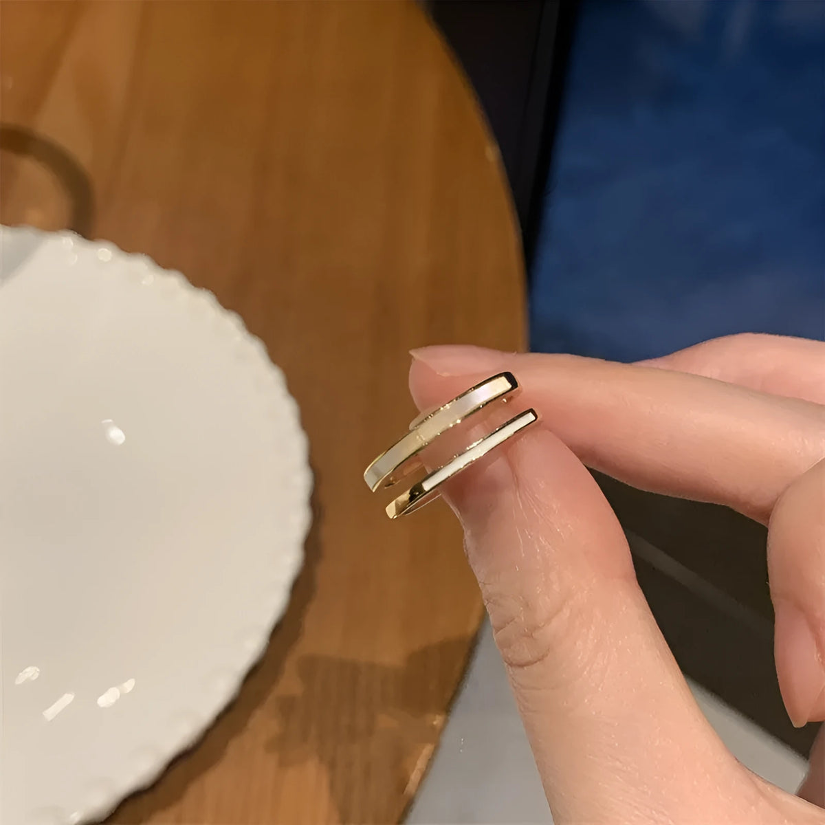 Women's Fritillaria Double Plain Ring in gold, copper geometric design with electroplated finish on white background