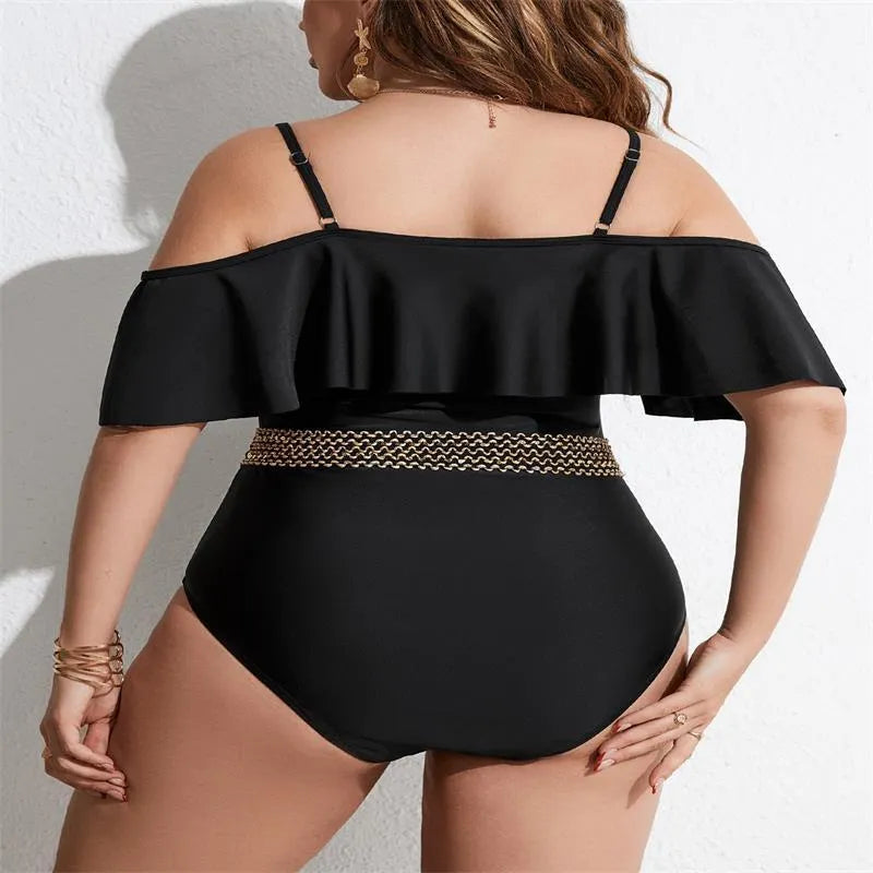 Black women's one-piece swimsuit on a mannequin, shown from the front.