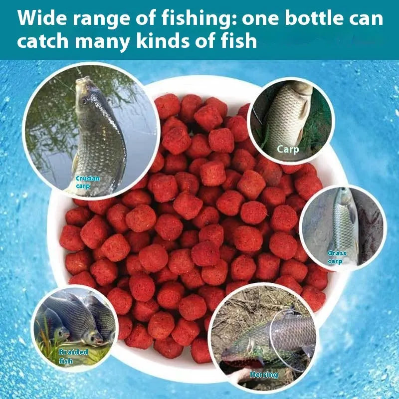 Bottle of grass green liquid fishing bait for crucian carp and freshwater fish.
