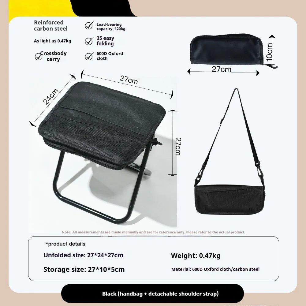 A foldable camp stool made from oxford cloth, shown in a khaki colour, folded into its compact pencil box shape.