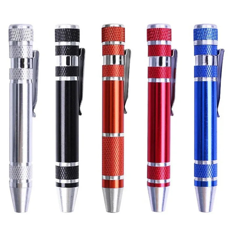 8 in 1 pen screwdriver set with aluminium alloy handle and multiple coloured bits