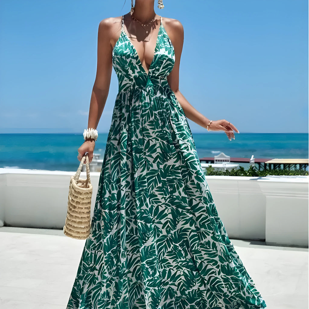 Women's solid colour green suspender long skirt with cross strap design, mid-waist, polyester fibre