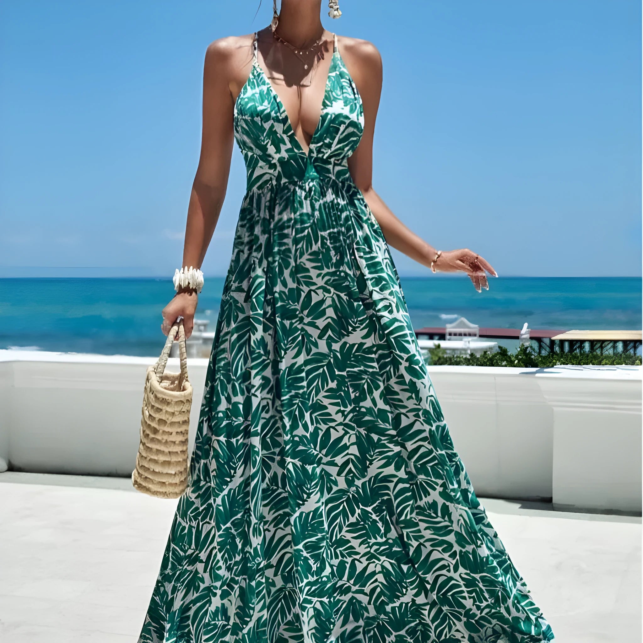 Women's solid colour green suspender long skirt with cross strap design, mid-waist, polyester fibre