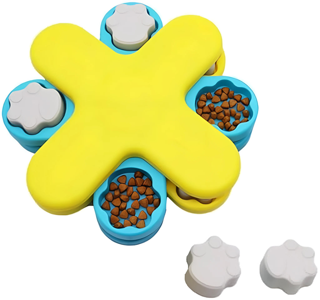 Yellow three-layer rotating dog puzzle feeder toy with removable lids and non-slip base