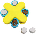 Yellow three-layer rotating dog puzzle feeder toy with removable lids and non-slip base