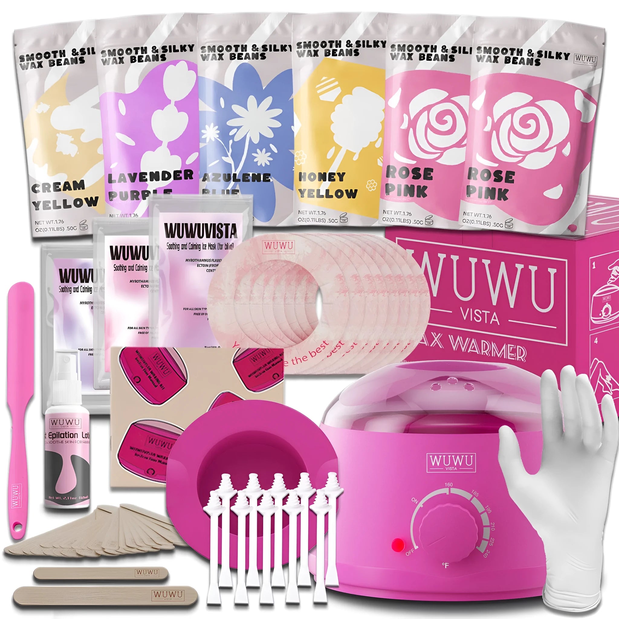 WUWUVISTA 56-piece professional waxing kit with black wax warmer, coloured wax beads, applicators, and aftercare products.