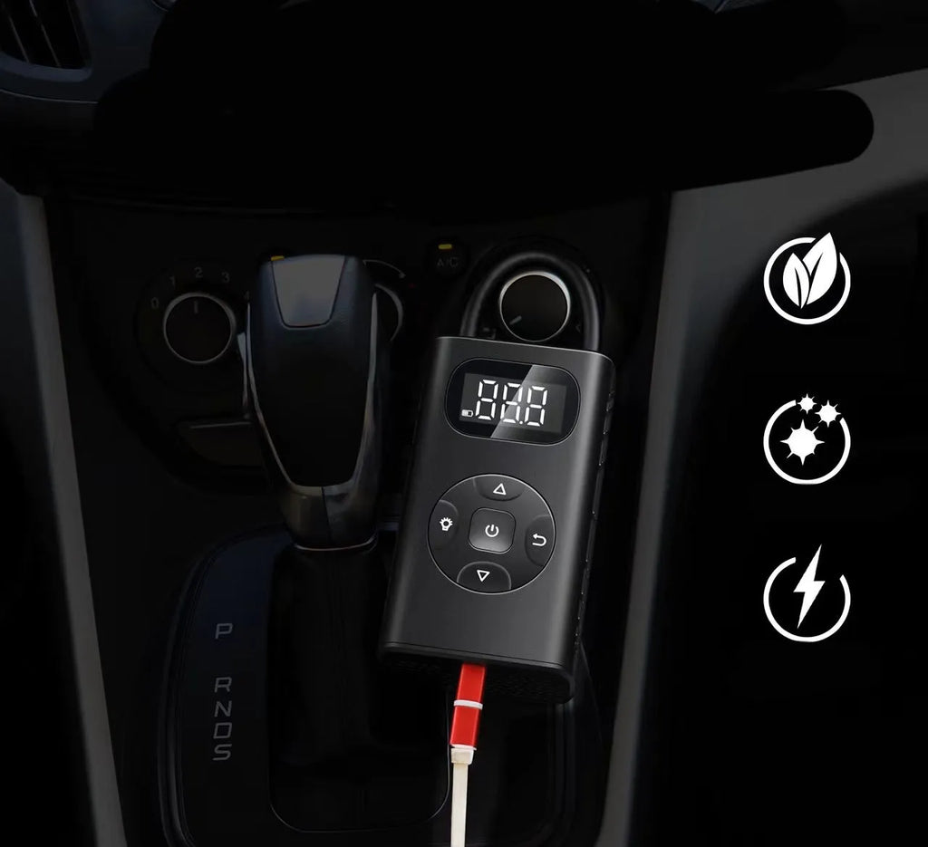 Black portable USB air compressor power bank with inflatable hose for car and bike tyres