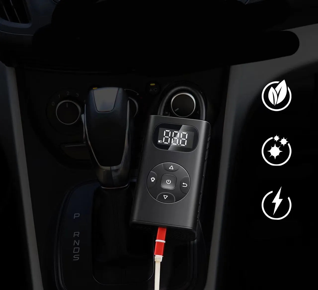 Black portable USB air compressor power bank with inflatable hose for car and bike tyres