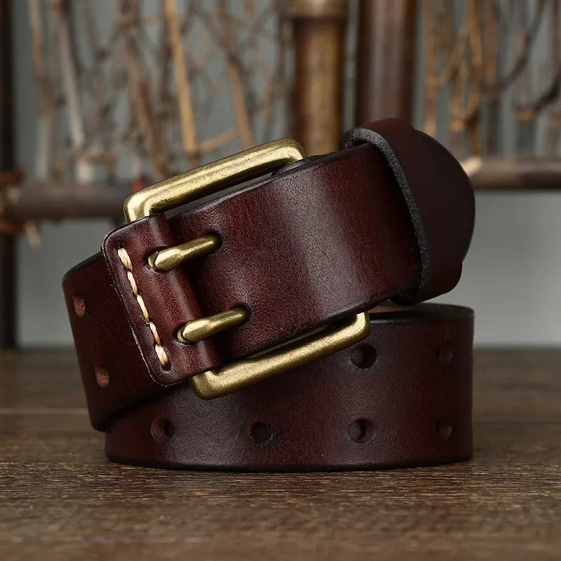 Men's first layer cowhide belt with vintage brass pin buckle, 3.8cm wide, 4mm thick, antique finish