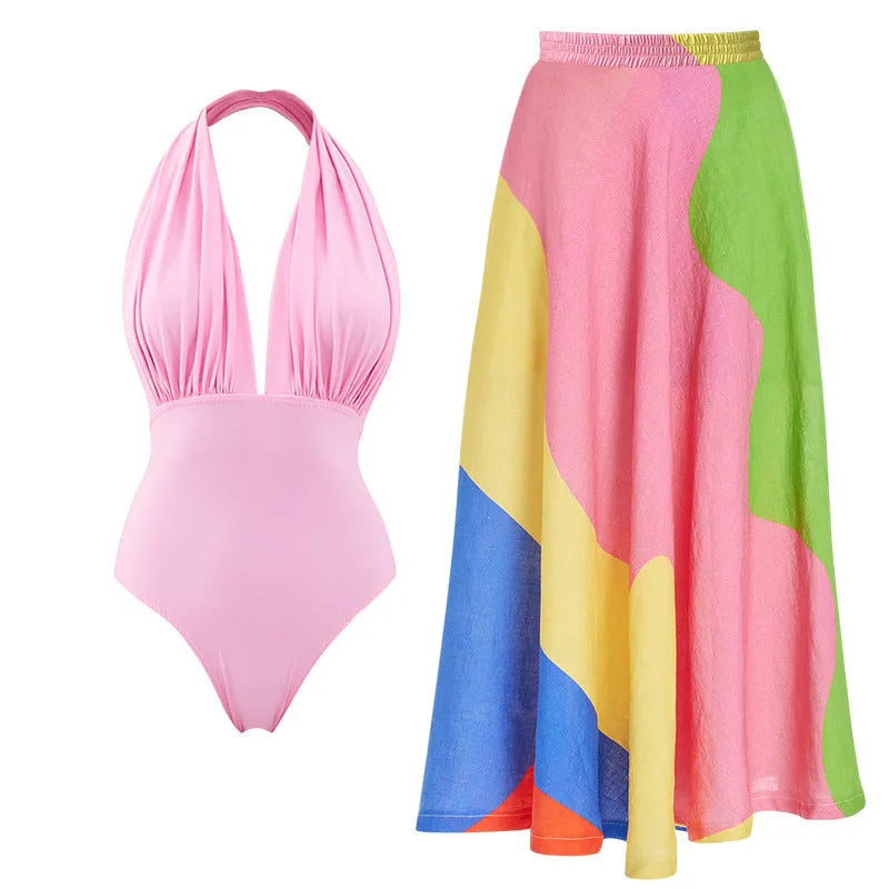 Women's backless halter neck one-piece swimsuit with matching skirt in flower pattern colour