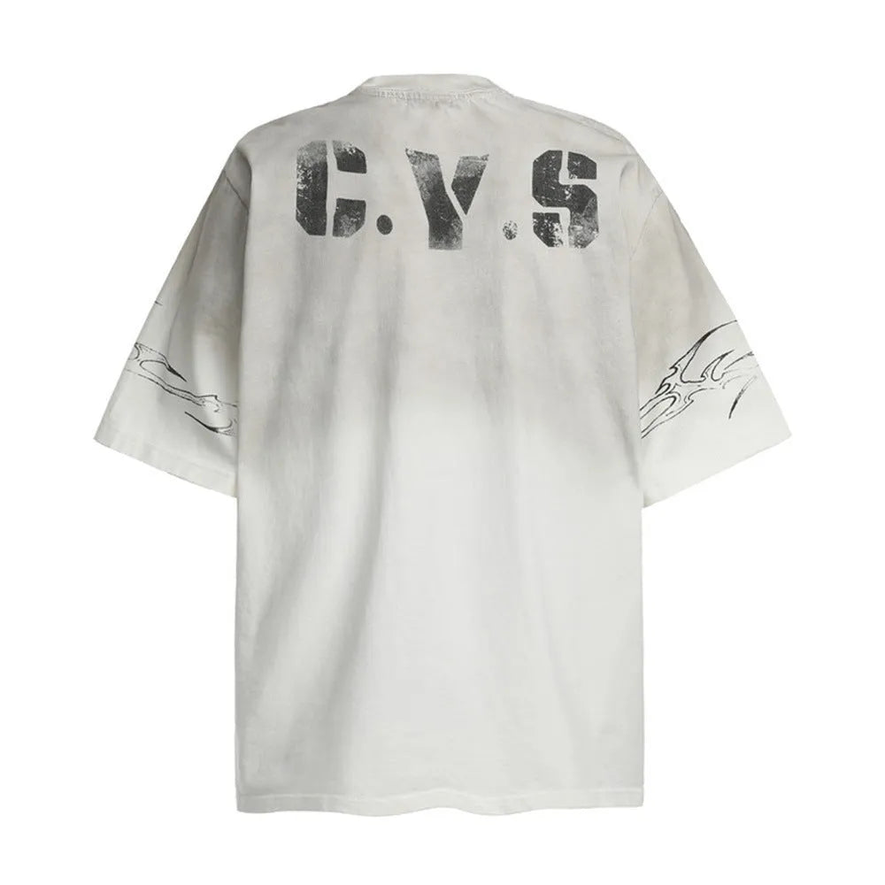 Men's black and white printed short-sleeved cotton T-shirt shown in sizes S to XL.