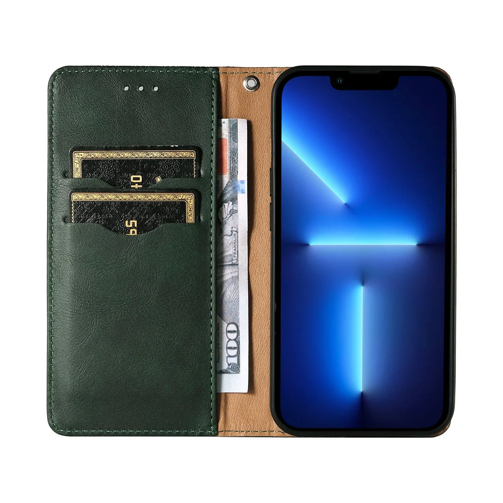 Embossed leather-look flip phone case for iPhone in black, shown open and closed.