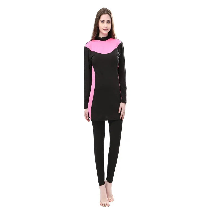 Women's black hooded long sleeve split swimsuit with pants for swimming