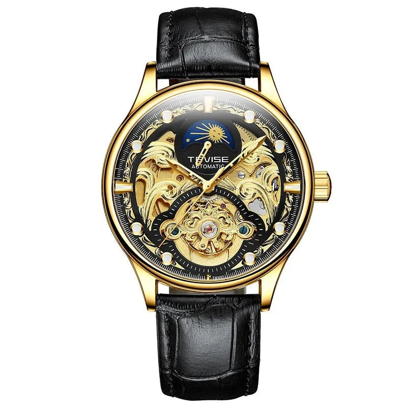 Men's gold and white leather strap automatic mechanical watch with 16mm case.