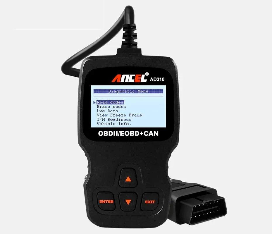 Black universal OBD2 car diagnostic scanner with LCD display for engine fault detection