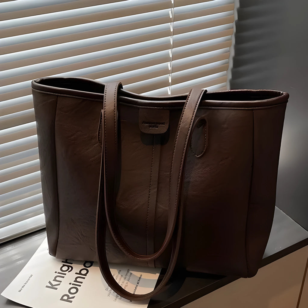 Women's large capacity PU shoulder bag in black with double straps and open top showing 37cm width and 29cm height