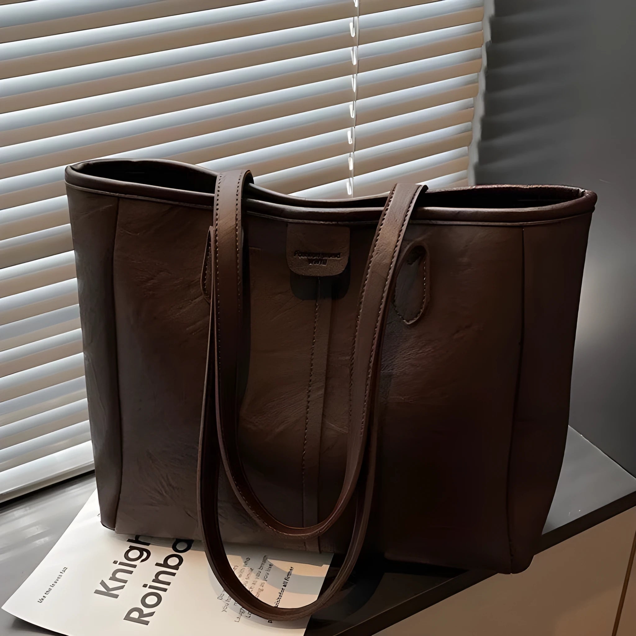 Women's large capacity PU shoulder bag in black with double straps and open top showing 37cm width and 29cm height