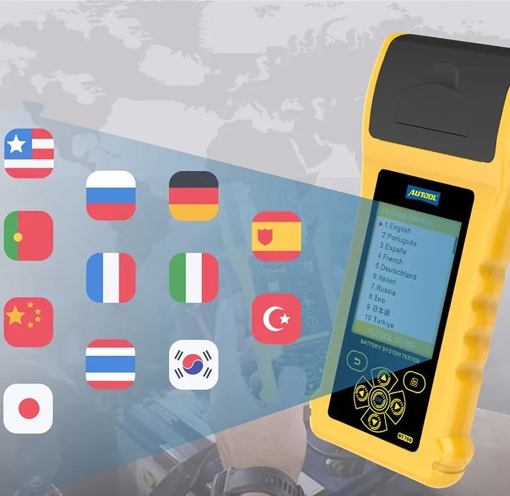 Autool BT760 vehicle battery tester with colour screen, thermal printer, and battery clip cables.