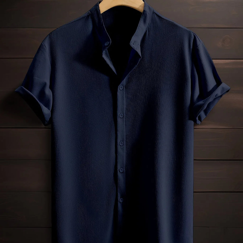 Men's casual breathable polyester fibre stand collar short sleeve shirt in solid colour, loose fit non-iron, front view