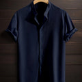 Men's casual breathable polyester fibre stand collar short sleeve shirt in solid colour, loose fit non-iron, front view